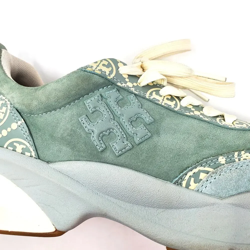 Tory Burch T Monogram Good Luck Trainer Suede Sneakers Blue Celadon Size US 9